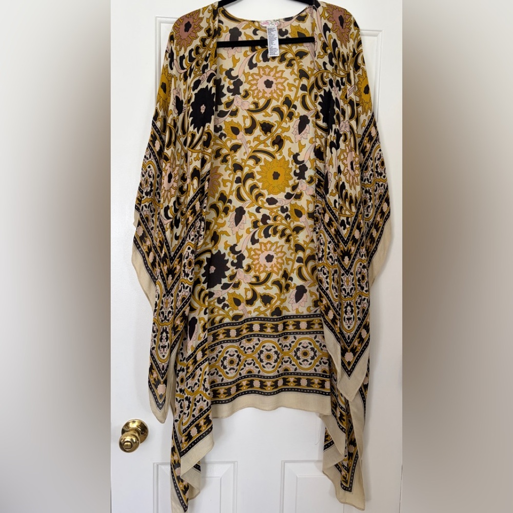 Free People Floral Print Kimono in Mustard, Black, Cream